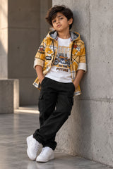 Boys Mustard Yellow & White Checked Hooded Corduroy Shirt With Printed T-Shirt