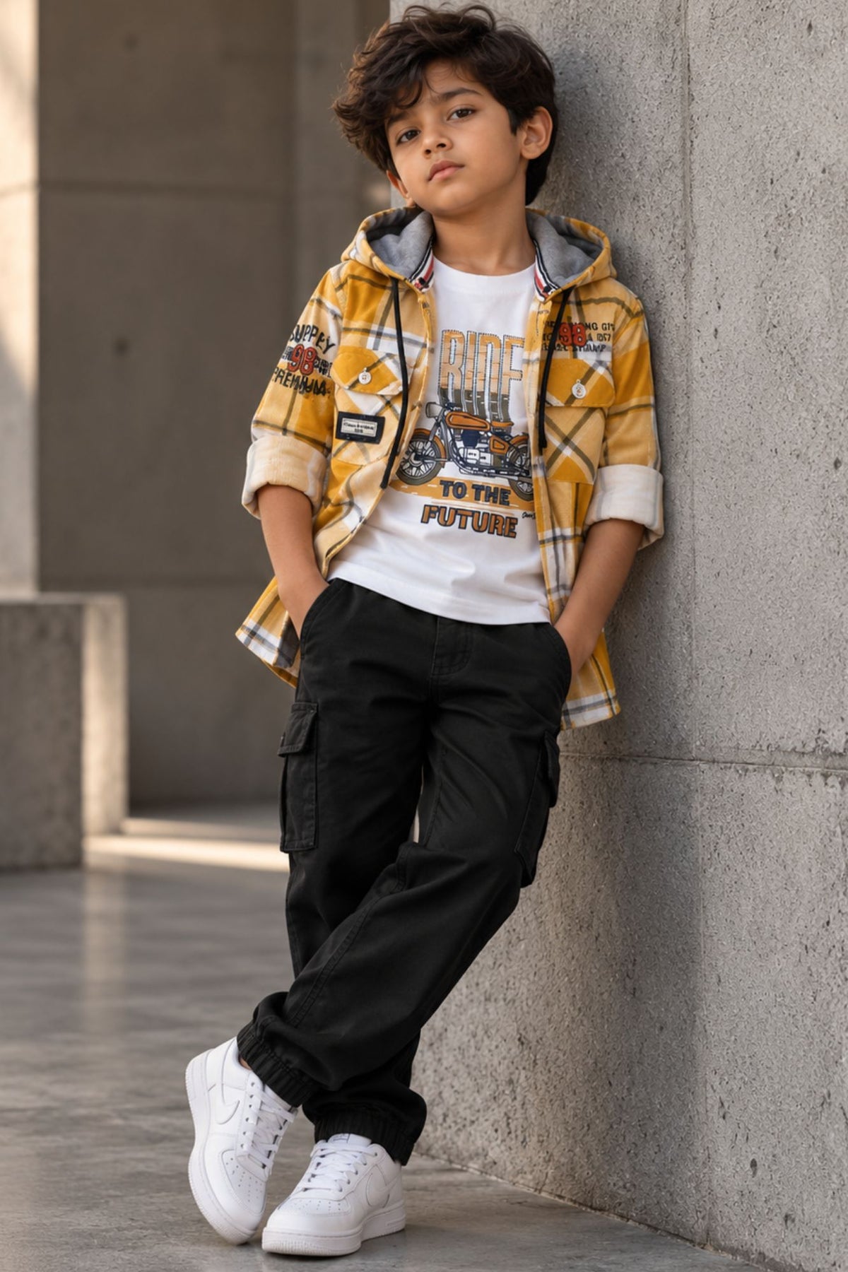 Boys Mustard Yellow & White Checked Hooded Corduroy Shirt With Printed T-Shirt
