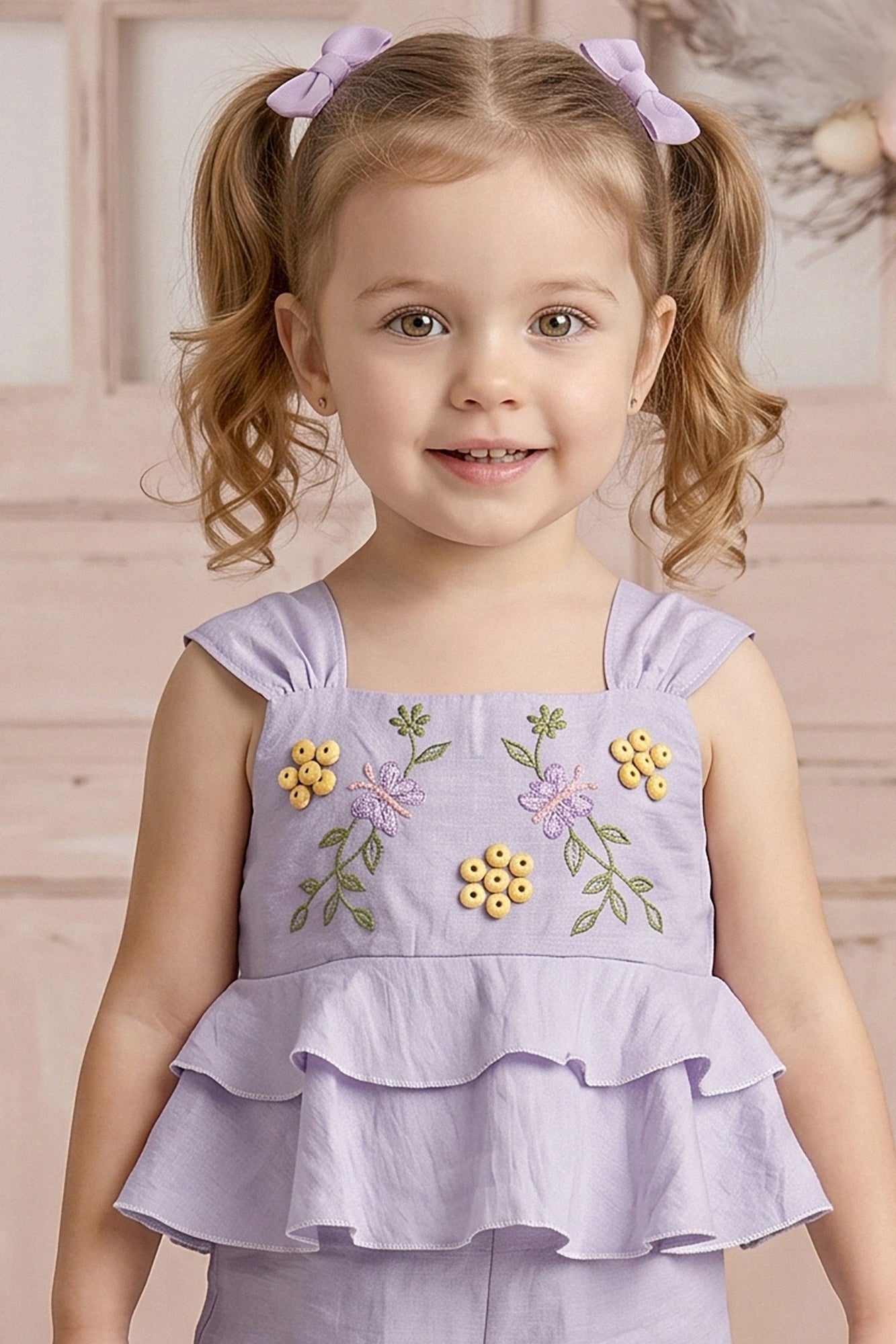 Girls Lavender Embroidered Peplum Top with Palazzo Pants Co Ord Set