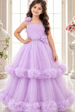 Lavender Layered Net Party Gown with Floral Ruffle Hem For Girls