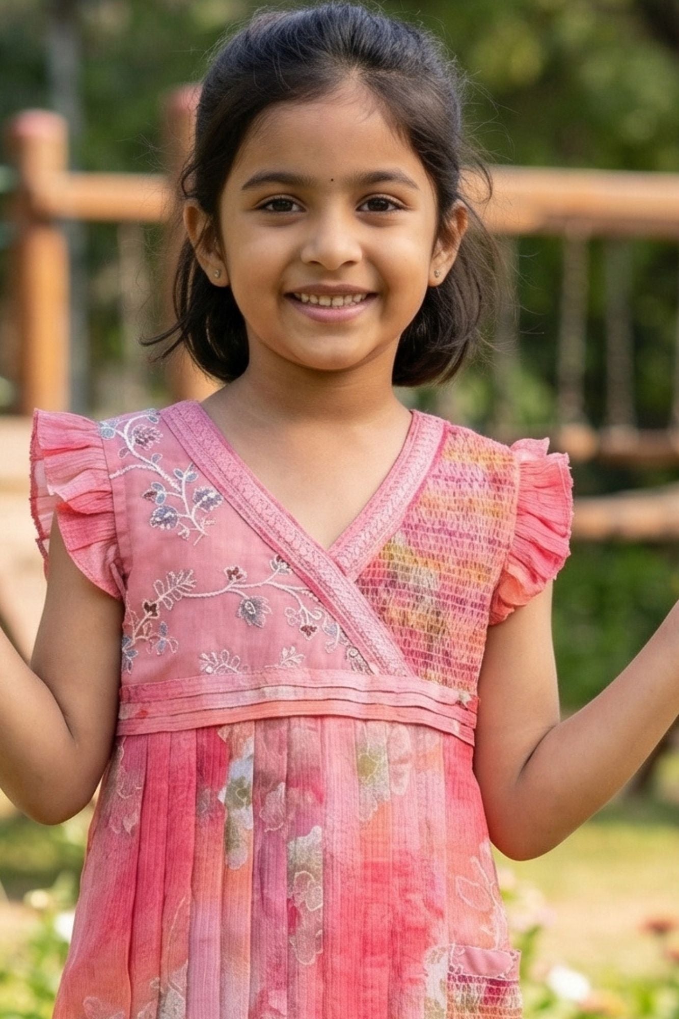 Pink Floral Pleated Frock For Girls
