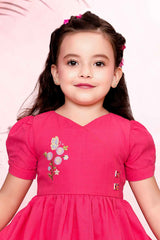 Pink Cotton Frock With Elegant Floral Embroidery For Girls