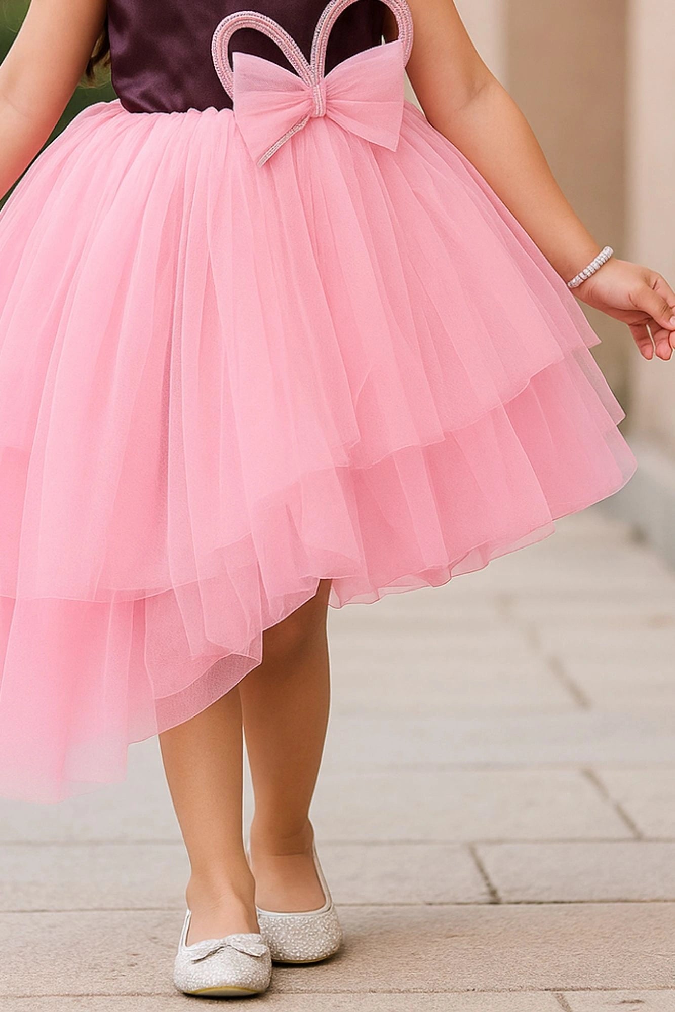 Purple And Pink Party Wear Frock with Layered High-Low Skirt For Girls