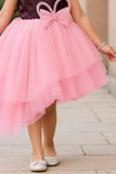 Purple And Pink Party Wear Frock with Layered High-Low Skirt For Girls