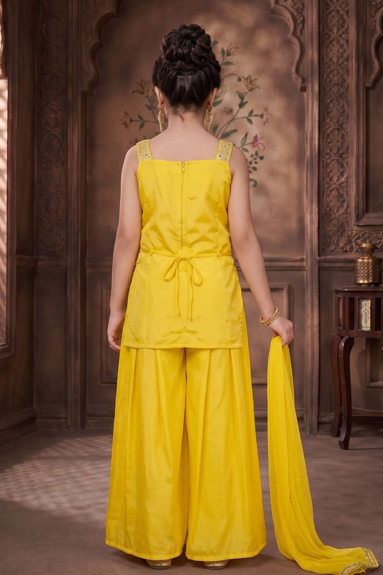 Yellow Floral Sequin Work Palazzo Set with Dupatta For Girls