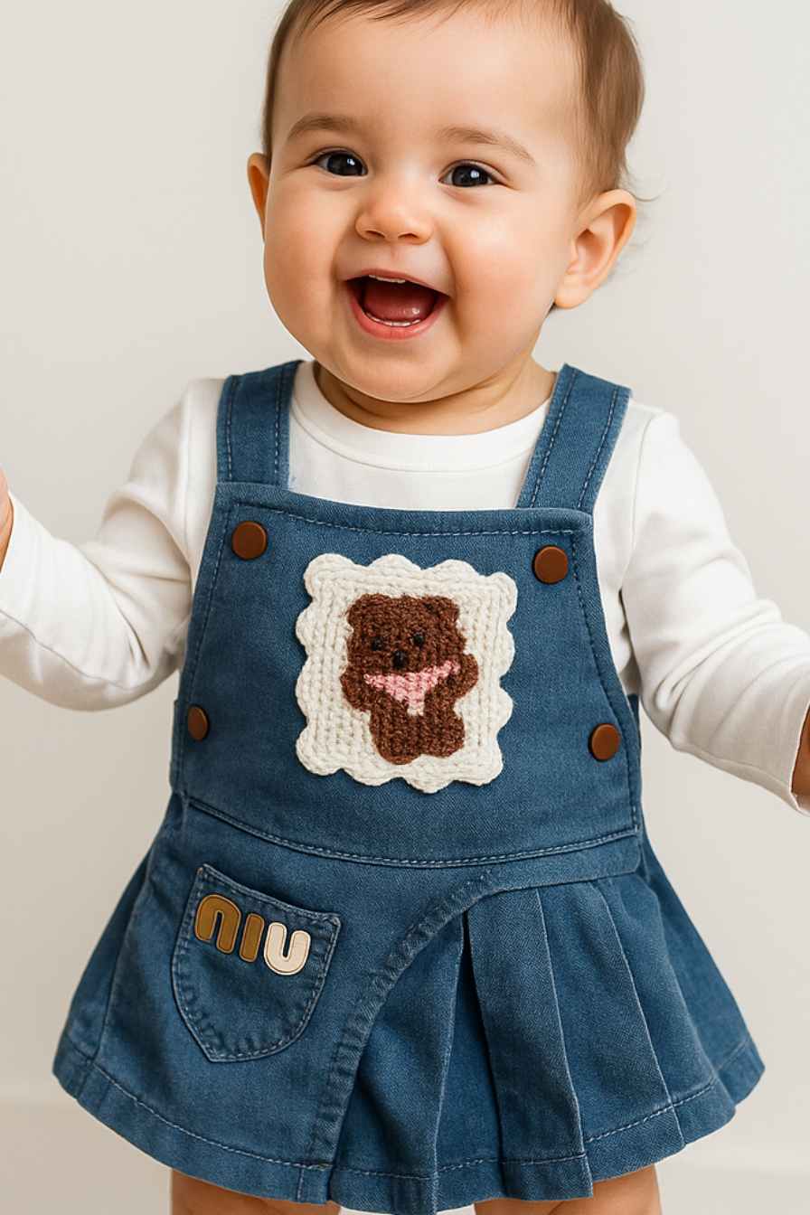 Blue Denim Dungaree With White T-Shirt Set For Girls