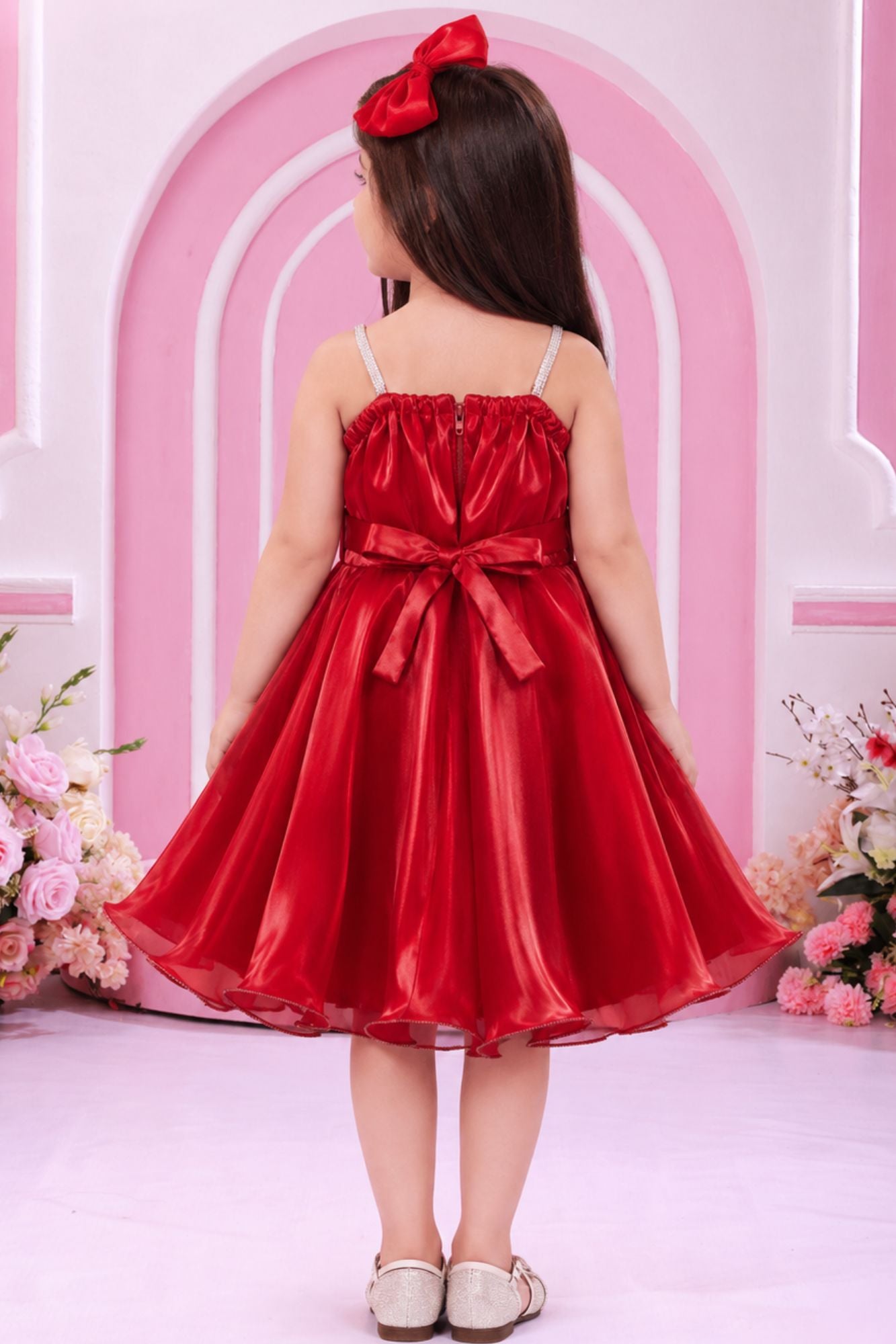 Red 3D Floral Applique Party Wear Frock for Girls