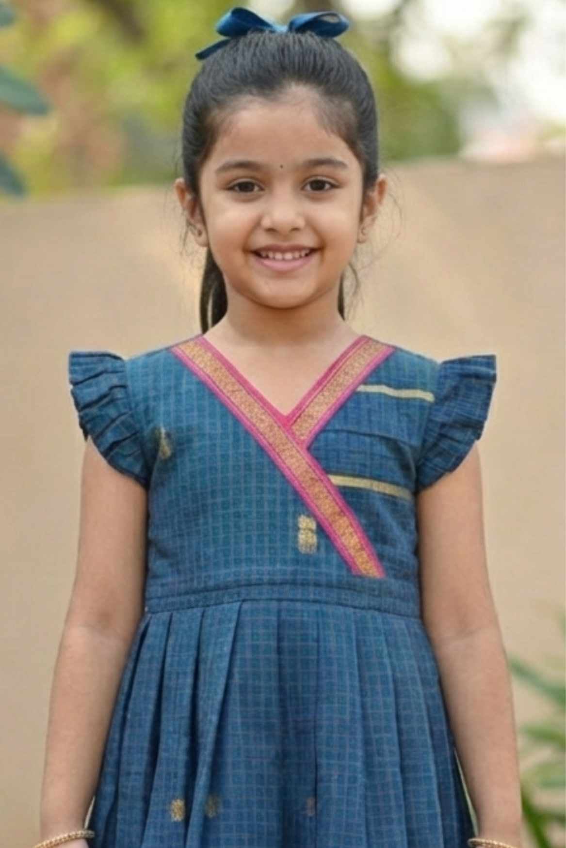 Bottle Green Traditional Dress with Zari Border For Girls