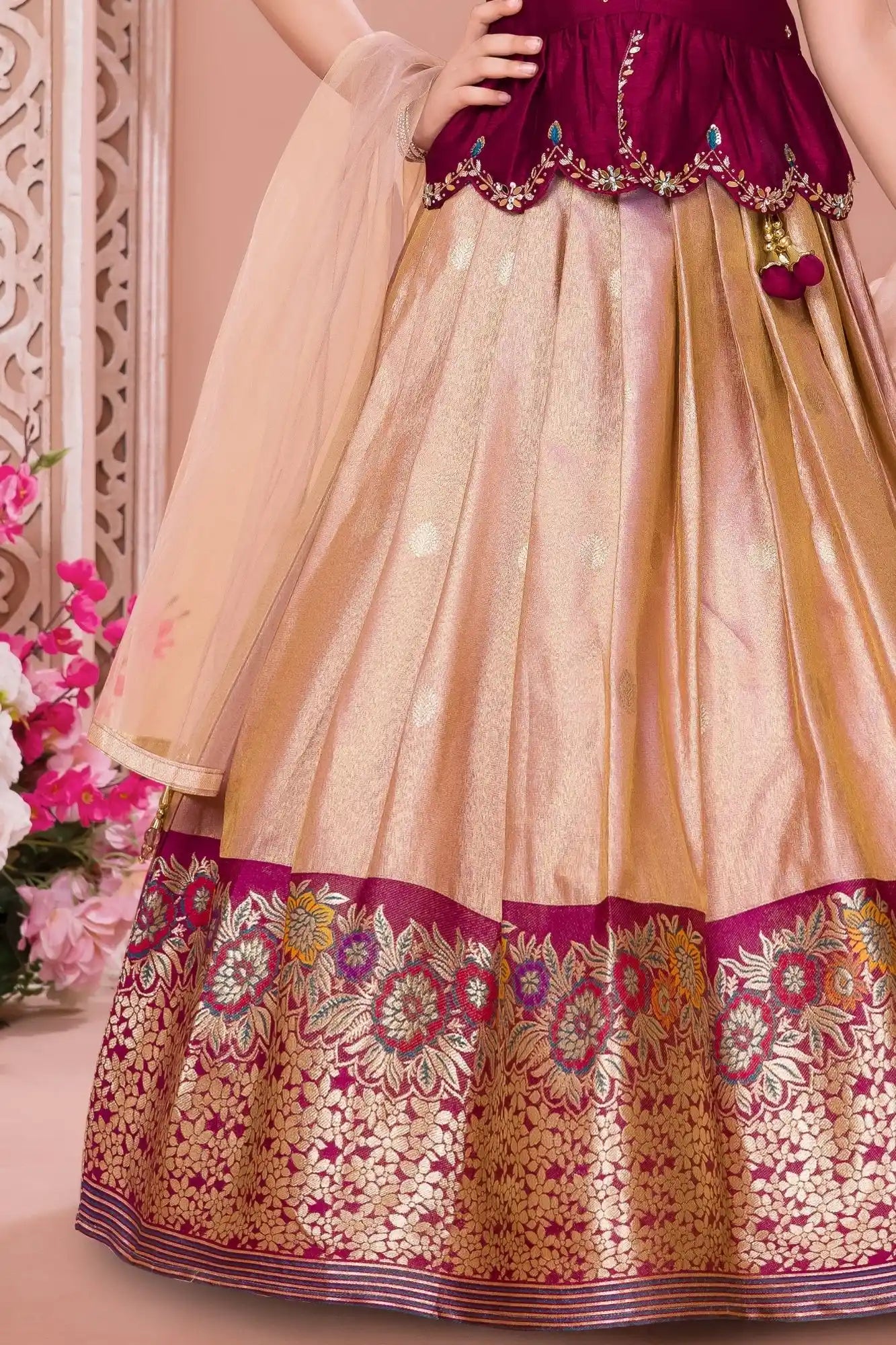 Wine Embroidered Pattu Pavadai Set with Zari Work For Girls