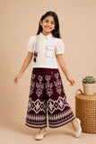 Girls Maroon Puff Sleeve Shirt Top And Printed Wide-Leg Culotte Co-Ord Set