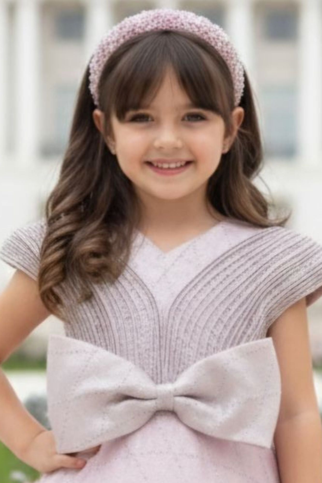 Blush Pink Shimmer Bow Detail Party Gown For Girls