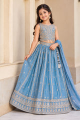Elegant Girls Blue Silver Zari Embroidered Lehenga Choli Set with Dupatta