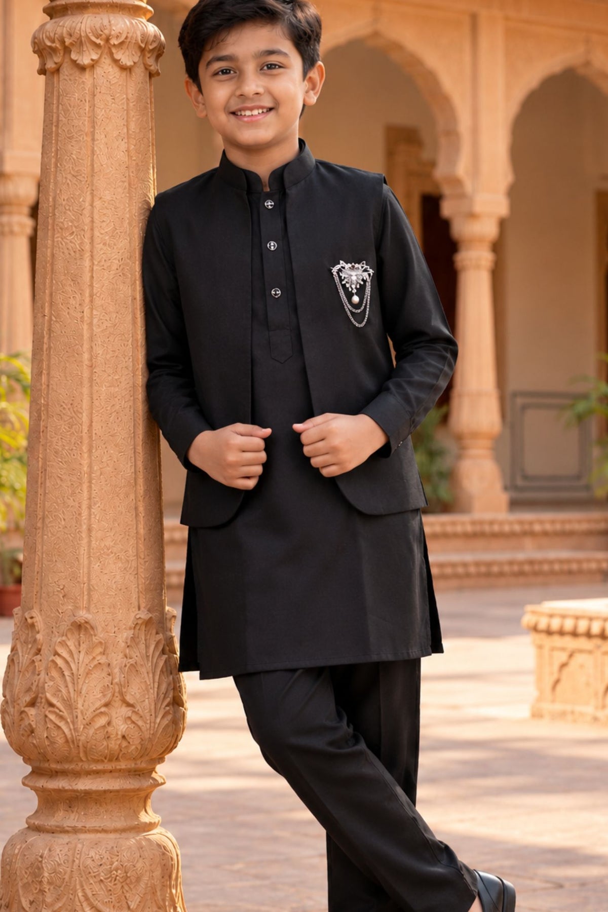 Boys Black Kurta Pajama Set with Nehru Jacket