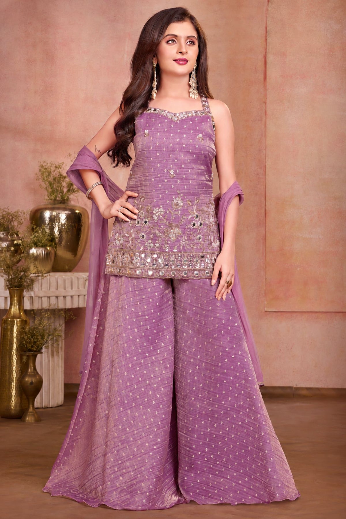 Girls Purple Mirror Embroidered Sleeveless Palazzo Set With Dupatta