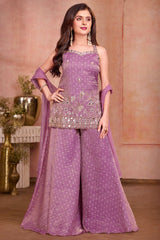 Girls Purple Mirror Embroidered Sleeveless Palazzo Set With Dupatta