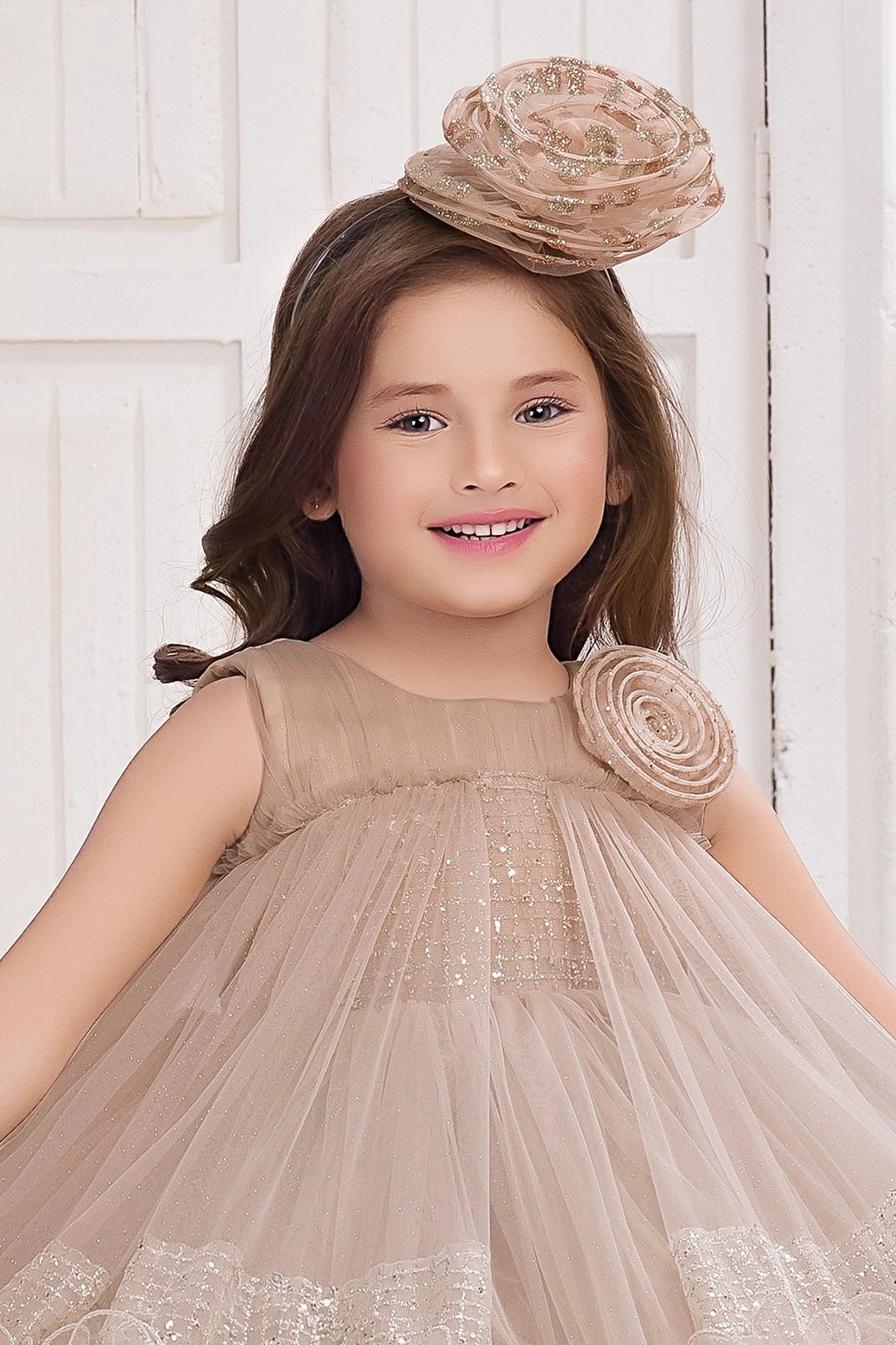 Coffee Party Frock with Sequin Floral Detailing For Girls