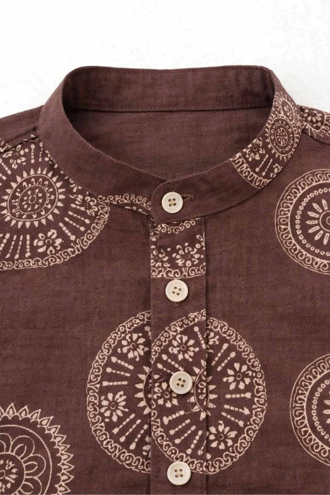 Brown Circular Print Shirt with Mandarin Collar for Boys