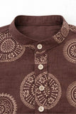 Brown Circular Print Shirt with Mandarin Collar for Boys