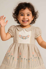 Beige Embroidered Cotton Frock for Girls