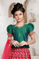 Green And Red Banarasi Silk Pattu Lehenga Choli Set For Girls