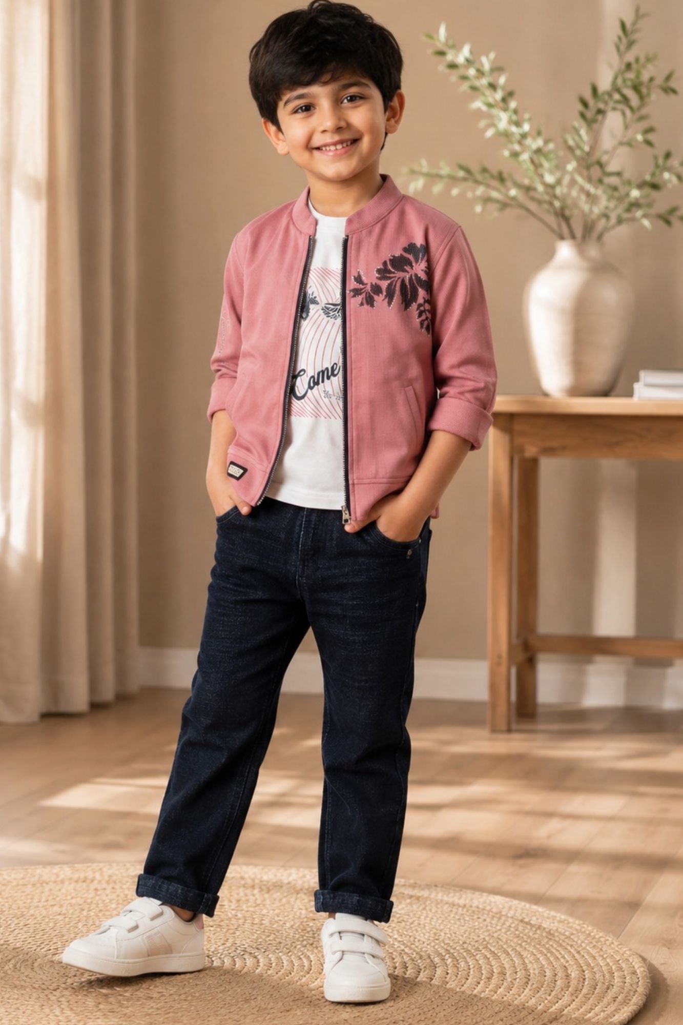 Boys Pink Printed Casual 3-Piece Set with T-Shirt, Jacket and Jeans