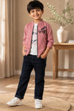 Boys Pink Printed Casual 3-Piece Set with T-Shirt, Jacket and Jeans