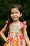 Multicolor Floral Dress with Sequin Bodice & Ruffle Sleeves For Girls