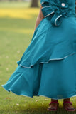 Blue Layered Party Gown with Oversized Floral Appliqué For Girls