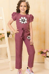 Dusky Pink Floral Printed Top And Pant Set For Girls