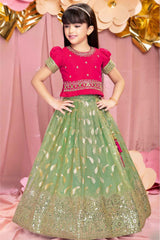 Rani Pink Puff Sleeves And Sequin Embroidered Pattu Pavadai Set For Girls