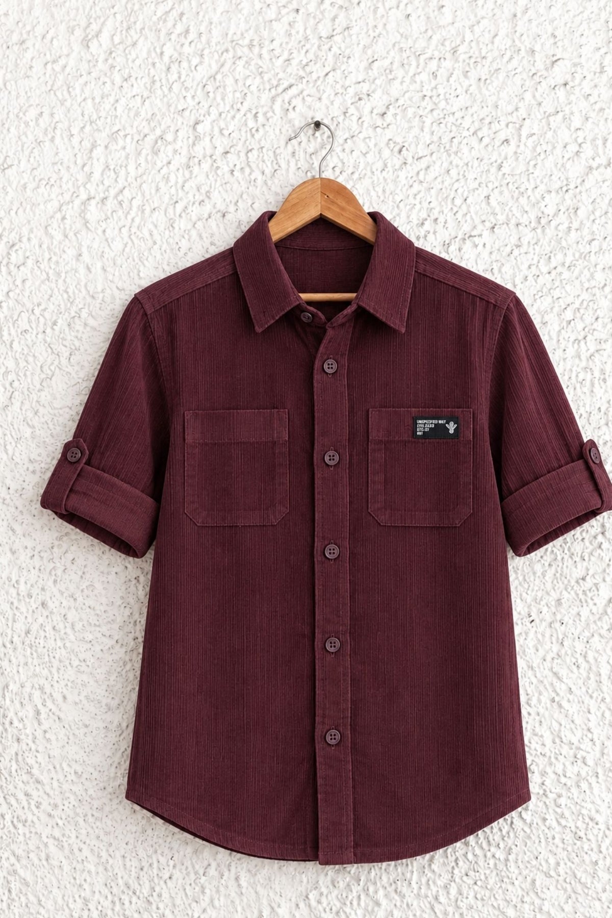 Boys Maroon Solid Double Pocket Shirt