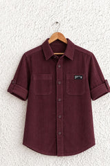 Boys Maroon Solid Double Pocket Shirt