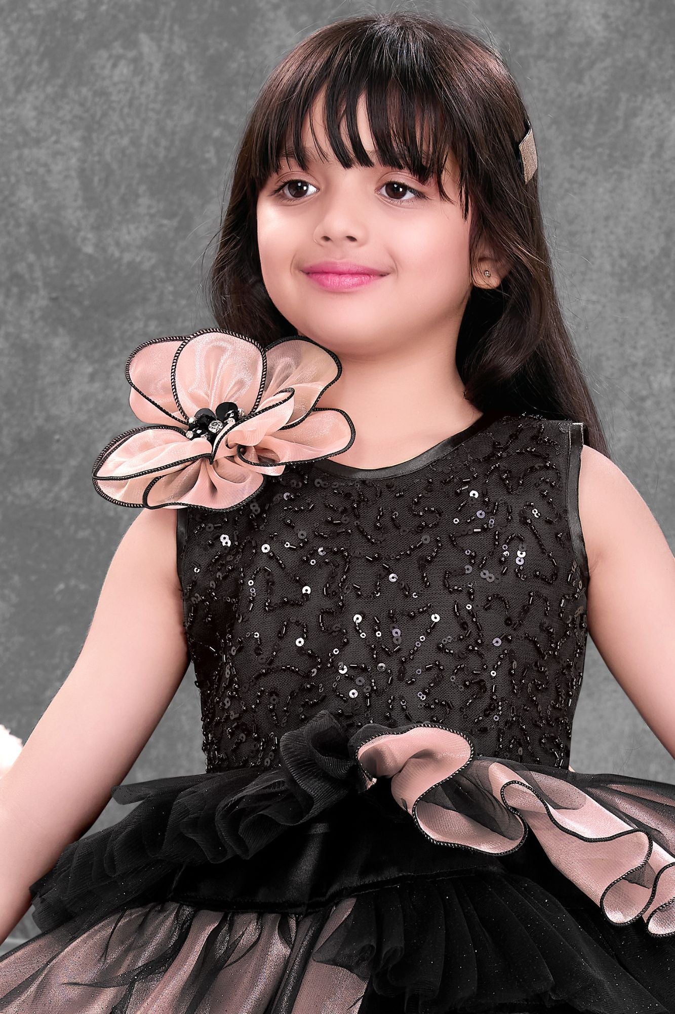 Girls Black Party Wear Frock with Sequin Bodice And Layered Ruffles