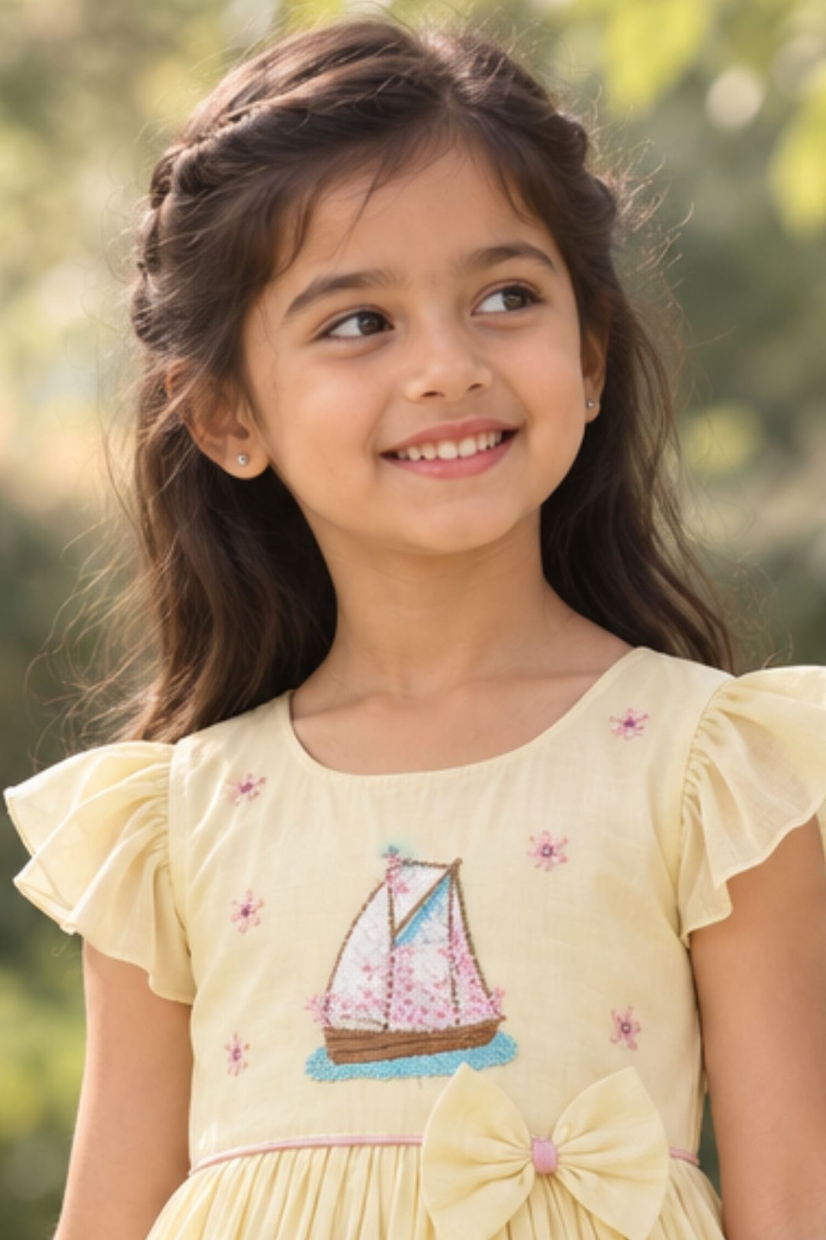 Girls Lemon Yellow Embroidered Ruffle Sleeve Flared Dress