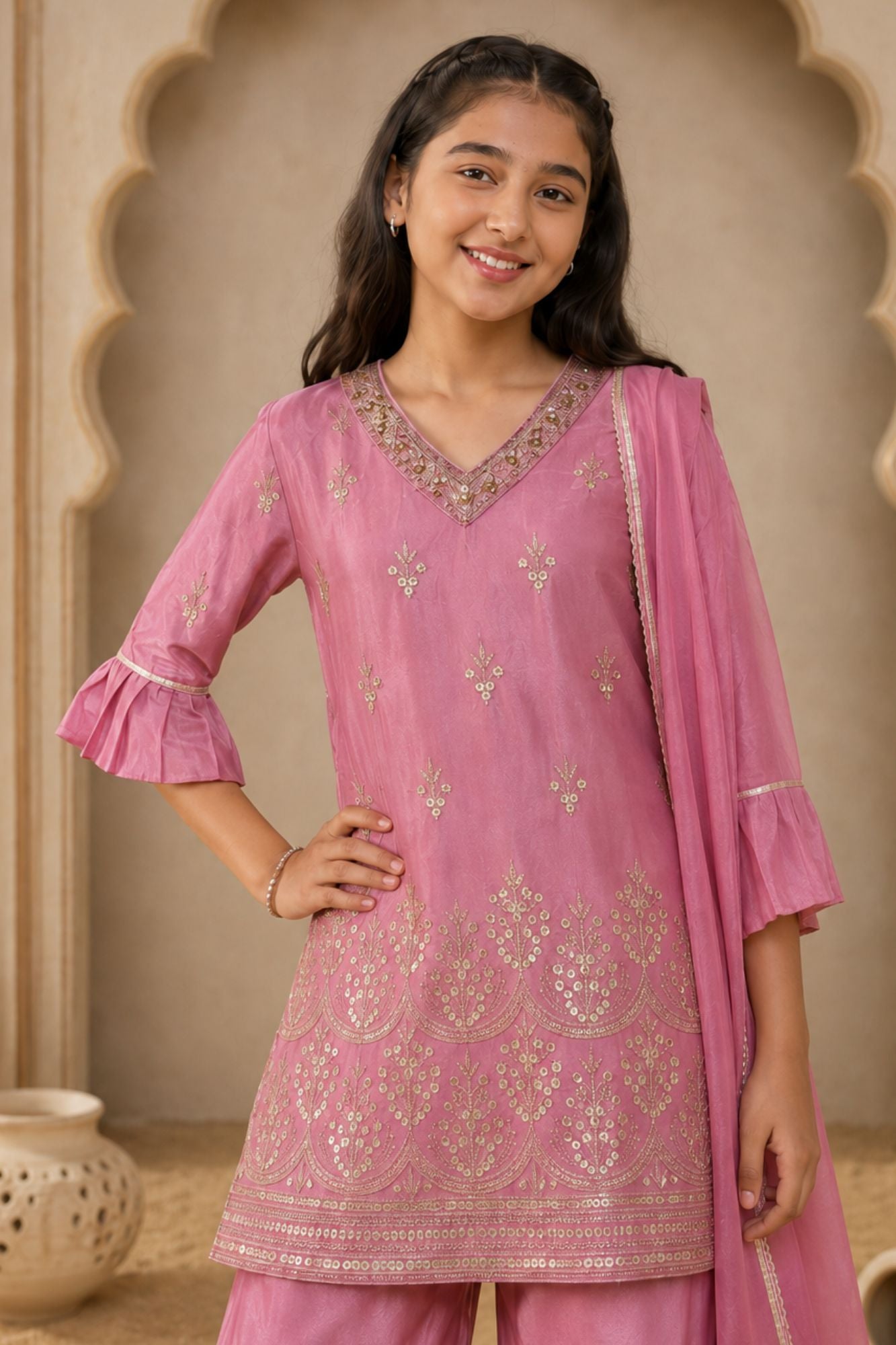 Lavender Paisley-Inspired Floral  Embroidered Sharara Set with Dupatta
