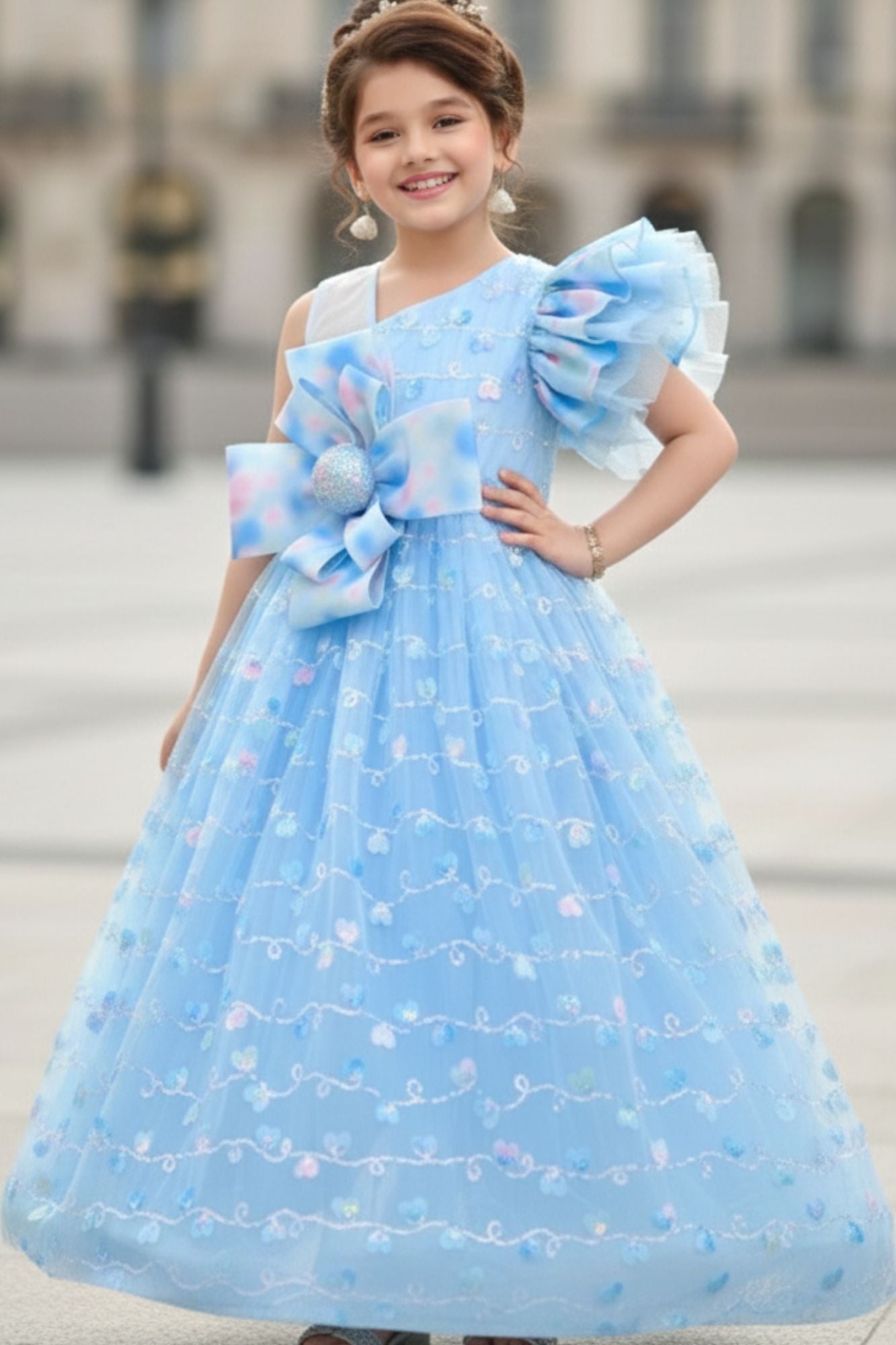 Sky Blue One-Shoulder Bow Party Gown for Girls