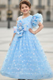 Sky Blue One-Shoulder Bow Party Gown for Girls