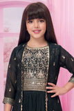 Black Embroidered Palazzo Set with Jacket For Girls