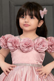 Girls Pink 3D Floral Cutwork High-Low Party Wear Frock