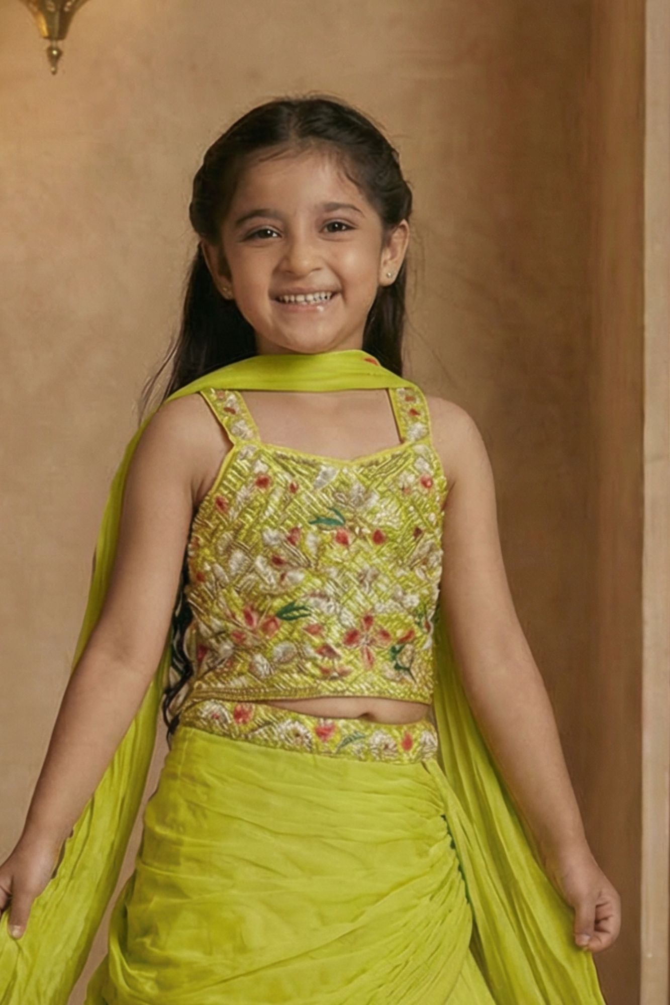 Green Embroidered Lehenga Choli Set For Girls