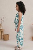 Girls White And Blue Floral Printed Co-Ord Set with Sleeveless Bow Strap Top And Flared Pants