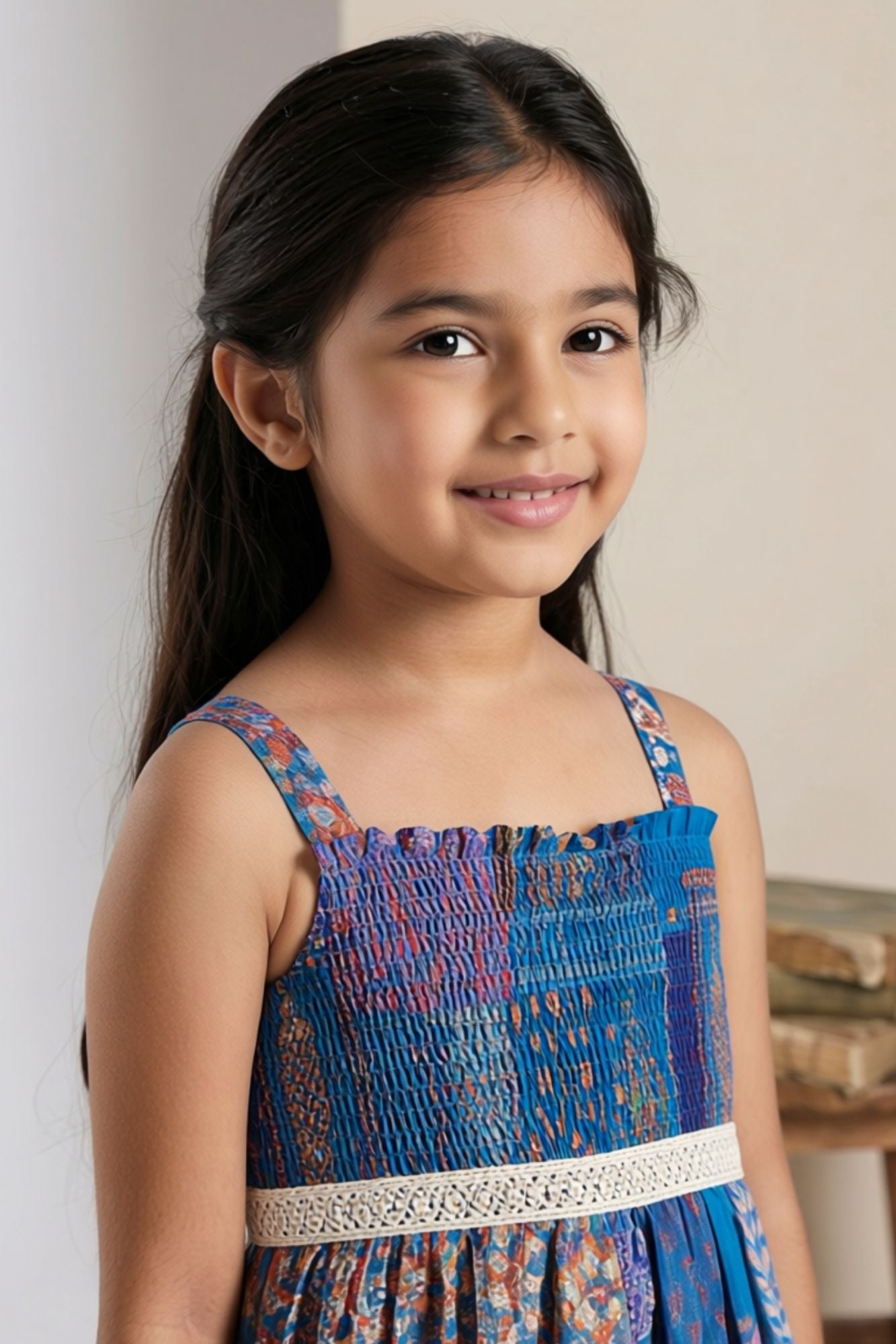 Girls Blue Patchwork Print Frock with Smocked Bodice