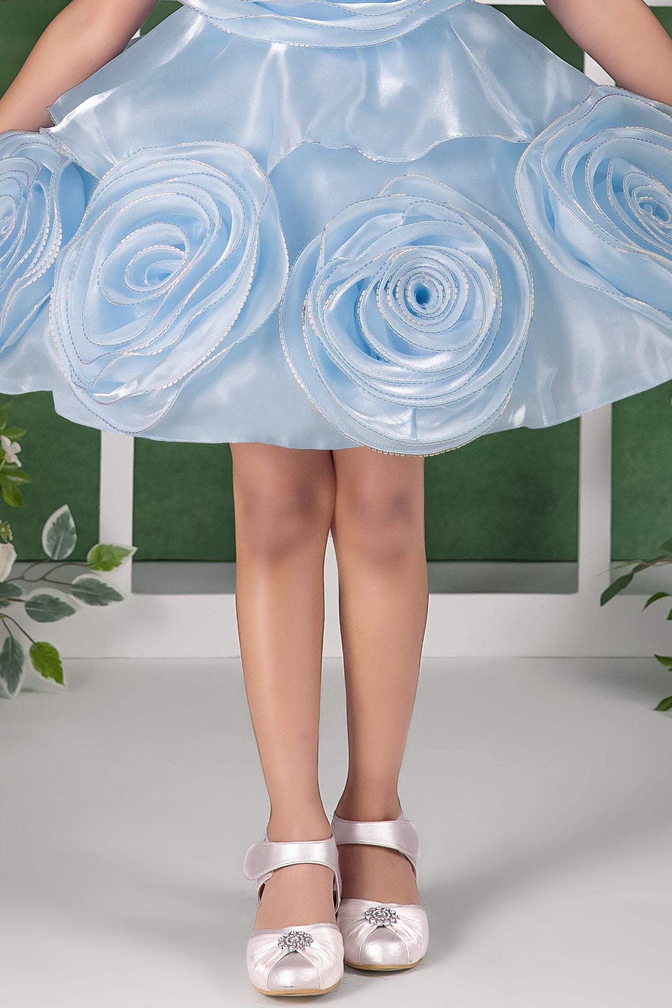 Blooming Princess Ice Blue Rosette Embellished Party Frock For Girls