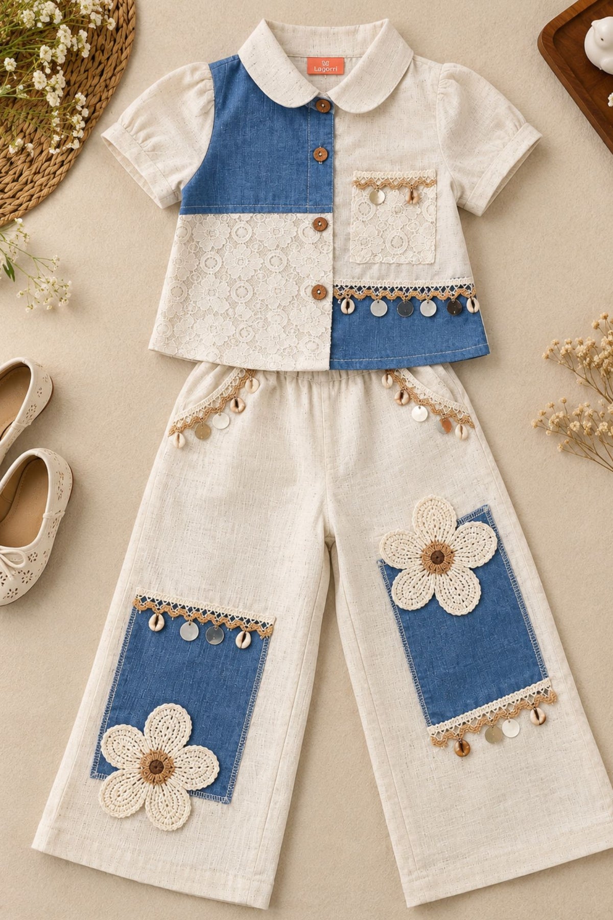 White And Blue Floral Crochet Lace Shirt With Wide-Leg Pant Co-ord Set