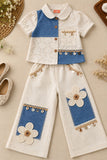 White And Blue Floral Crochet Lace Shirt With Wide-Leg Pant Co-ord Set