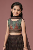 Black and Green Printed Crop Top with Pleated Lehenga and Dupatta For Girls