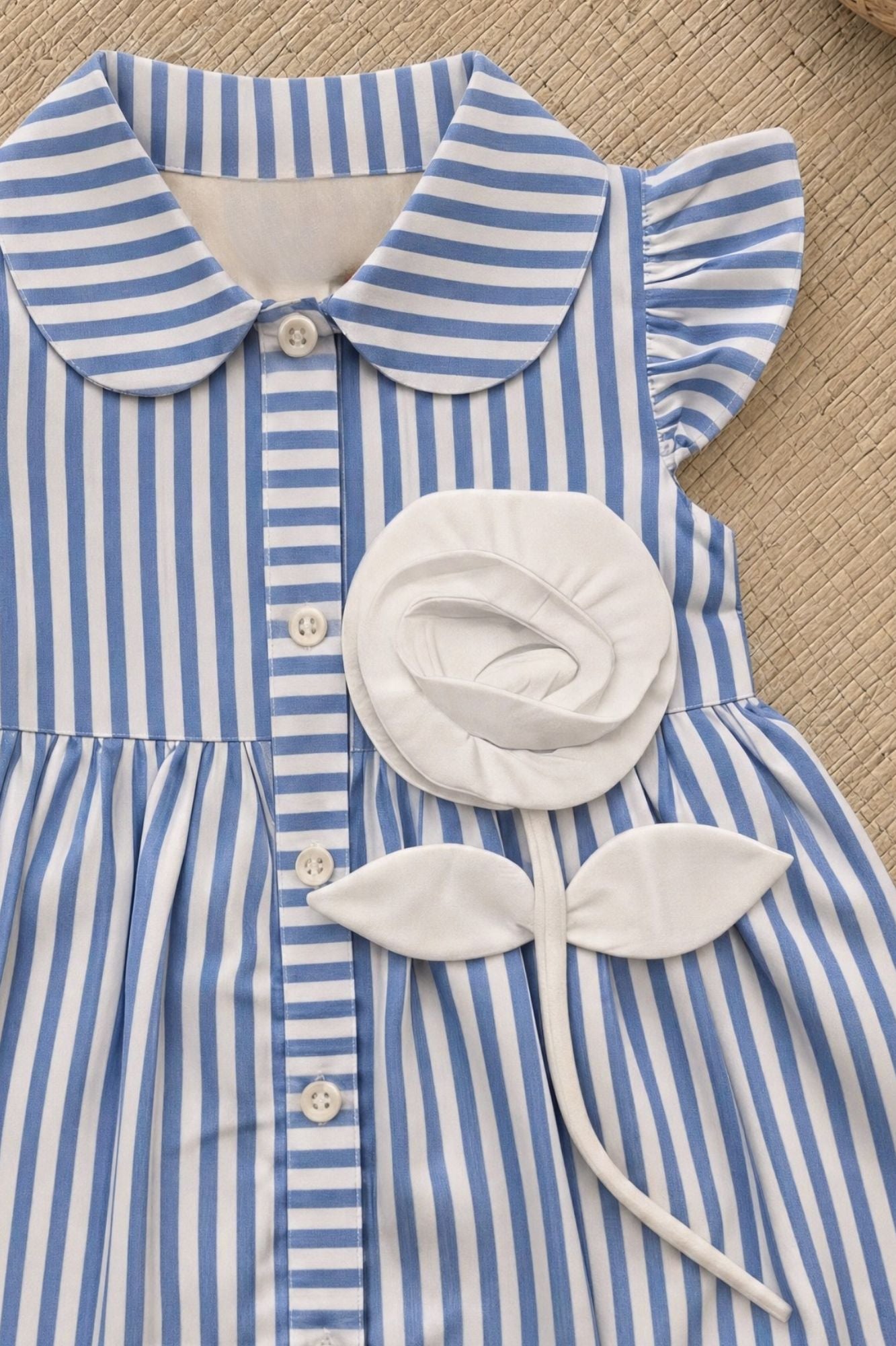 Charming Girls Blue And White Striped Shirt Dress with 3D Floral Applique