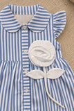 Charming Girls Blue And White Striped Shirt Dress with 3D Floral Applique