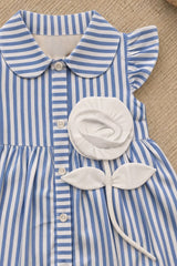 Charming Girls Blue And White Striped Shirt Dress with 3D Floral Applique