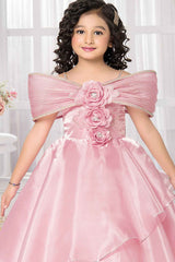 Onion Pink Party Wear Gown With Floral Embellishment For Girls